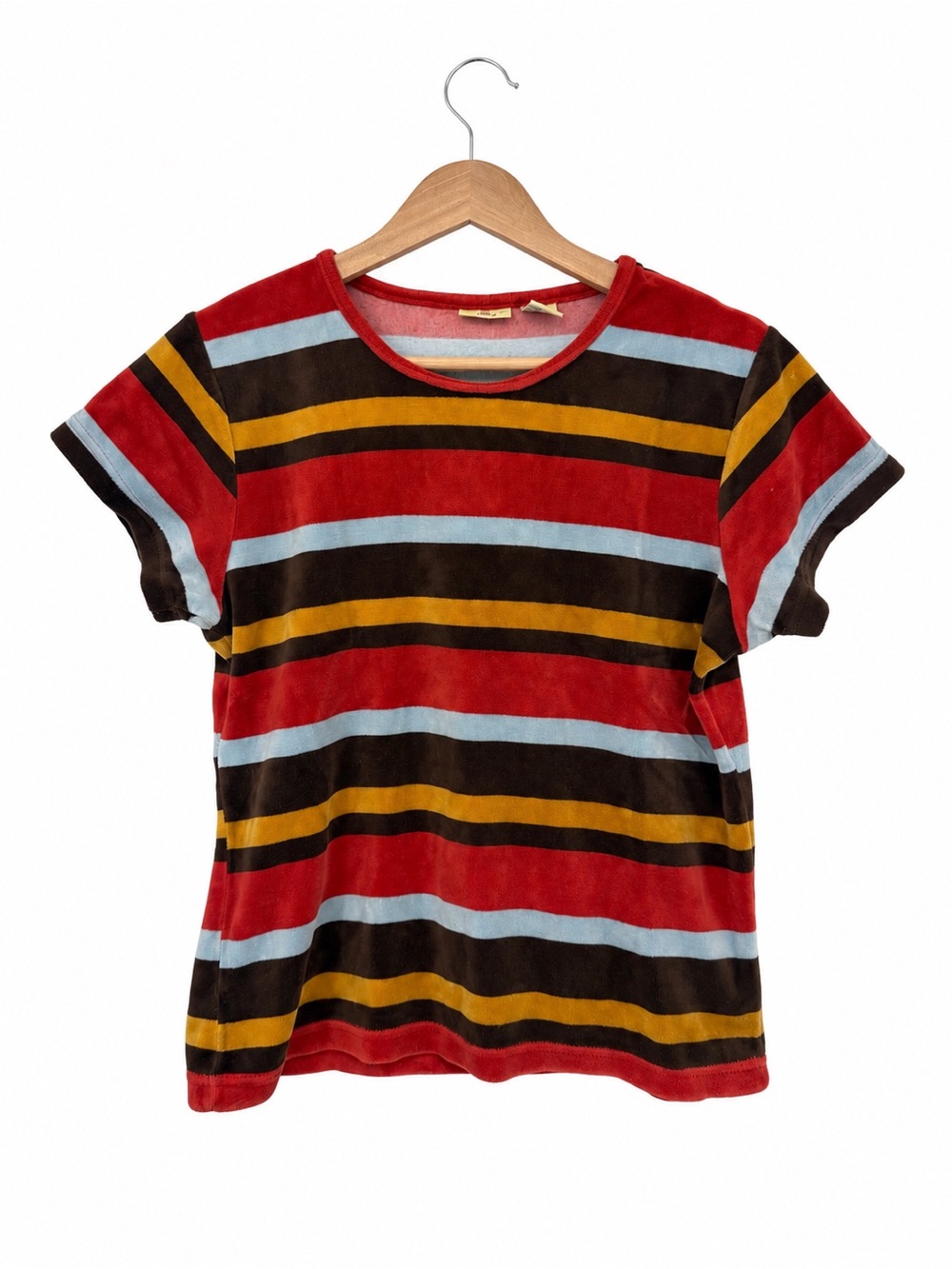 Limited America Brown Blue Striped Velour T Shirt Women’s Retro Y2K